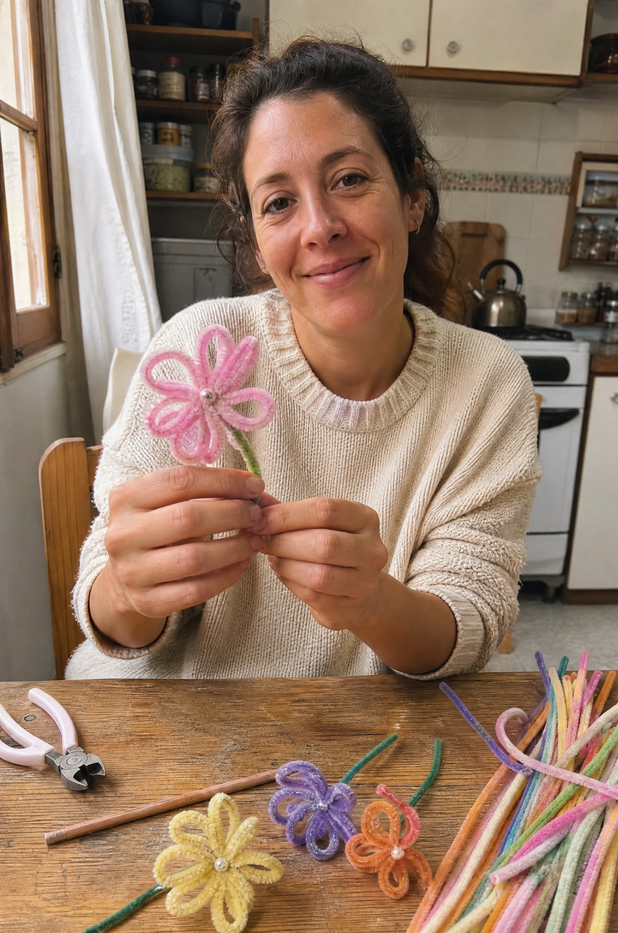 Creadora en la mesa de su cocina sosteniendo una flor de limpiapipas (foto estilo celular)